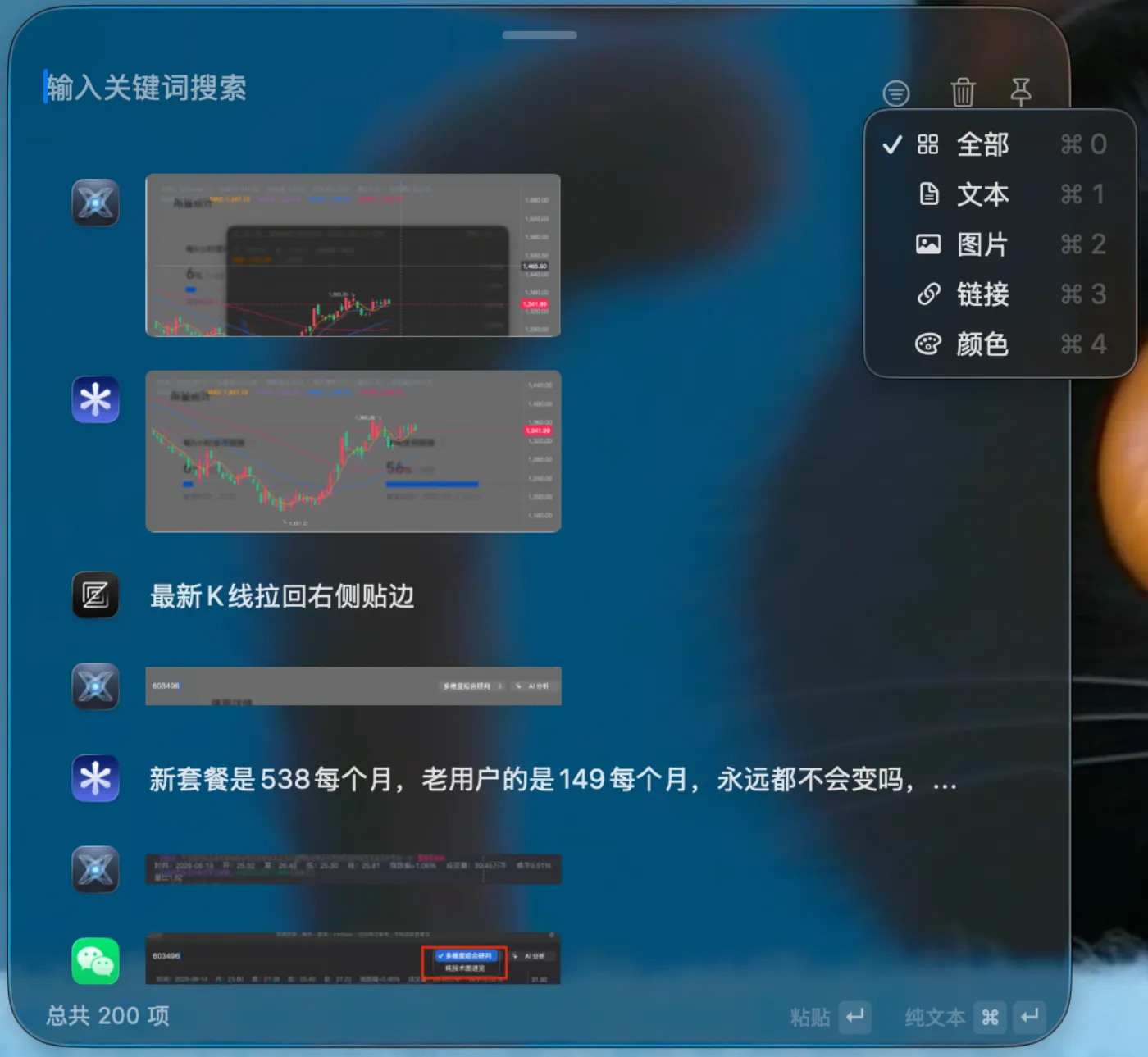 剪贴板面板：分类过滤、关键词搜索、图片预览、纯文本粘贴